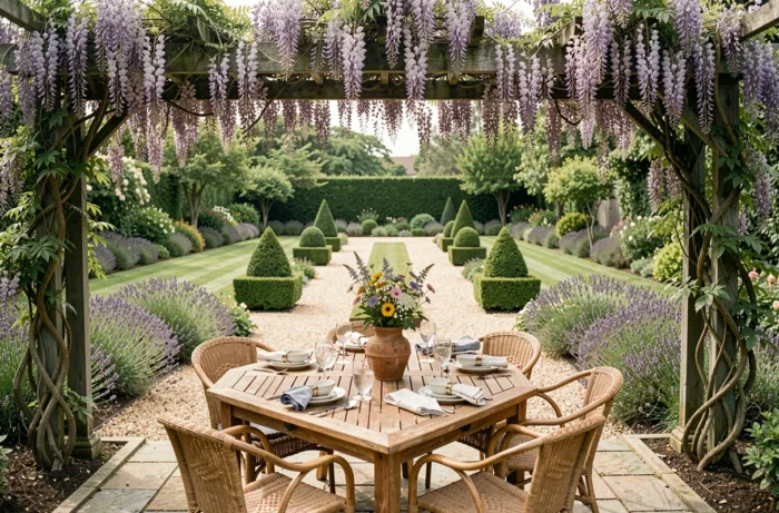 Coin repas convivial en plein air sous une pergola fleurie dans un jardin aménagé avec goût