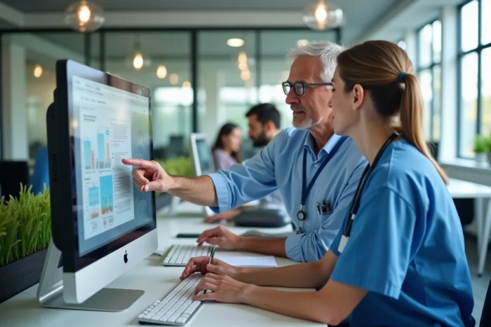Deux professionnels de santé collaborant sur un portail numérique médical dans un espace de coworking médical moderne et lumineux