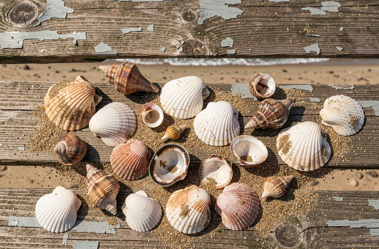 Collection de coquillages ramassés sur la plage des Landes disposés sur une passerelle en bois, vue de dessus