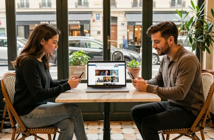 Deux collègues discutant de l'actualité numérique autour d'un ordinateur portable dans un café parisien