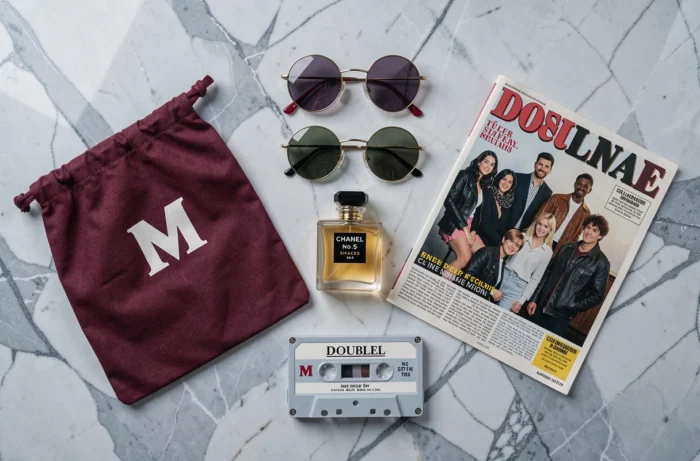 Composition à plat d'accessoires des années 90 avec sac Double M bordeaux, lunettes rondes et magazines vintage sur marbre