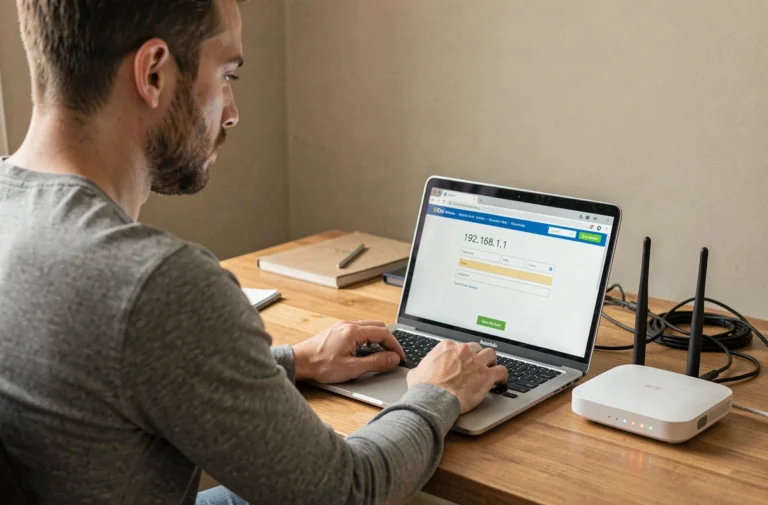Homme configurant son routeur via l'interface 192.168.1.1 sur un ordinateur portable dans un bureau à domicile