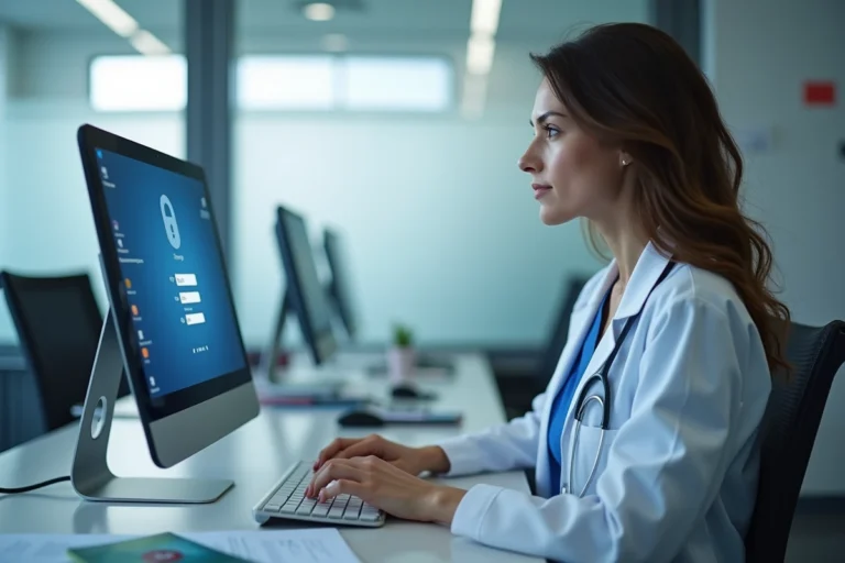 Professionnelle de santé de l'APHP se connectant à sa messagerie sécurisée sur un poste informatique hospitalier