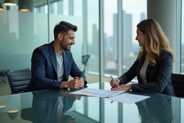 Homme rencontrant un conseiller financier dans une salle de réunion professionnelle pour optimiser ses investissements