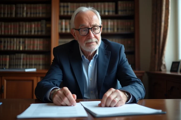 Conseiller fiscal professionnel examinant des documents liés à l'article 790 G du Code Général des Impôts dans un bureau notarial parisien