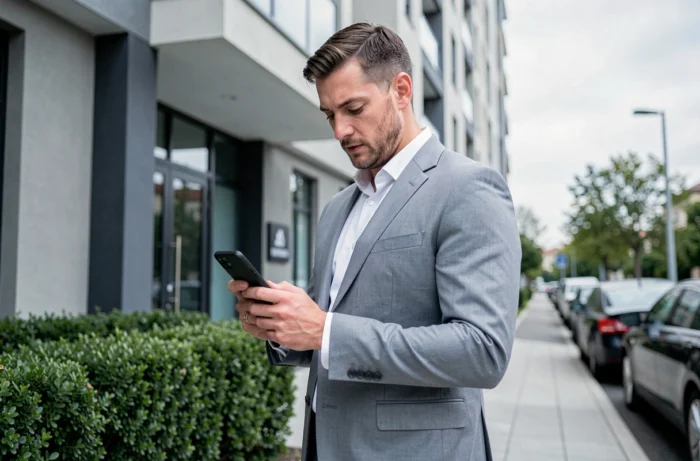 Conseiller immobilier devant un immeuble résidentiel consultant son téléphone