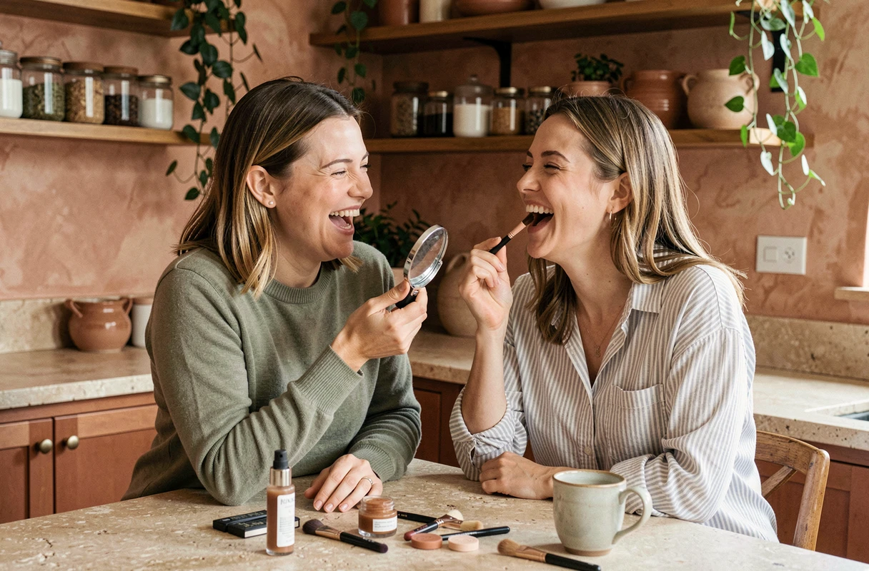 Deux amies partageant des conseils maquillage et beauté autour d'un comptoir de cuisine convivial, tutoriel beauté entre amies
