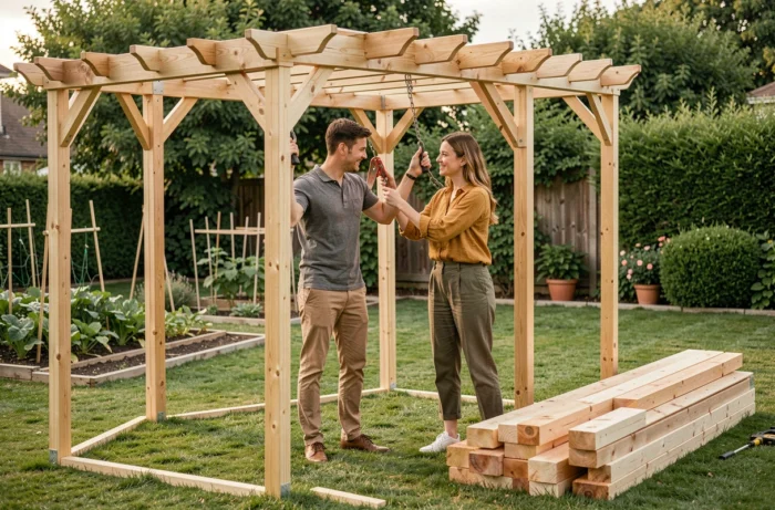 Couple assemblant une pergola en bois dans un jardin résidentiel lors d'un projet DIY