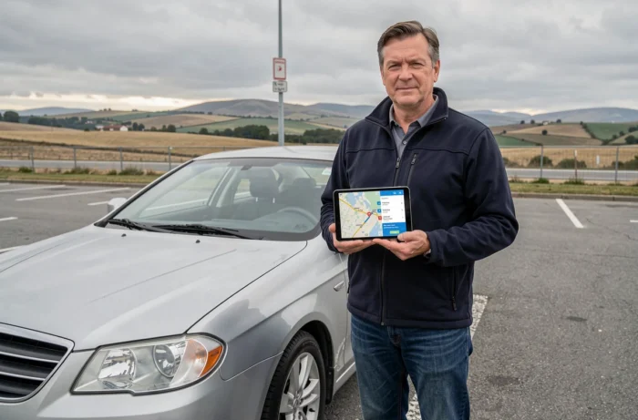 Homme consultant un itinéraire calculé sur tablette via ViaMichelin lors d'une pause en bord de route