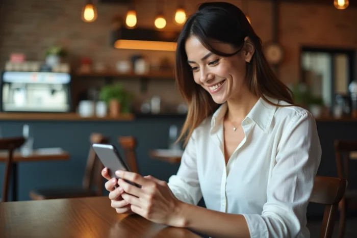 Femme consultant sa messagerie SFR sur smartphone dans un café moderne