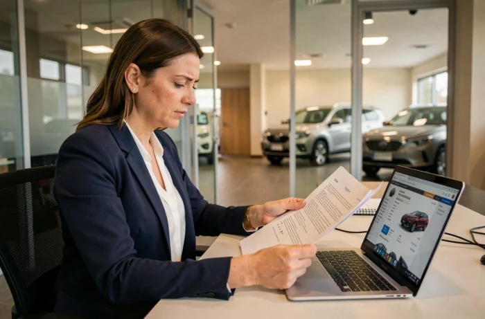 Une femme examinant des documents contractuels liés à l'achat d'une voiture d'occasion dans un bureau de concession