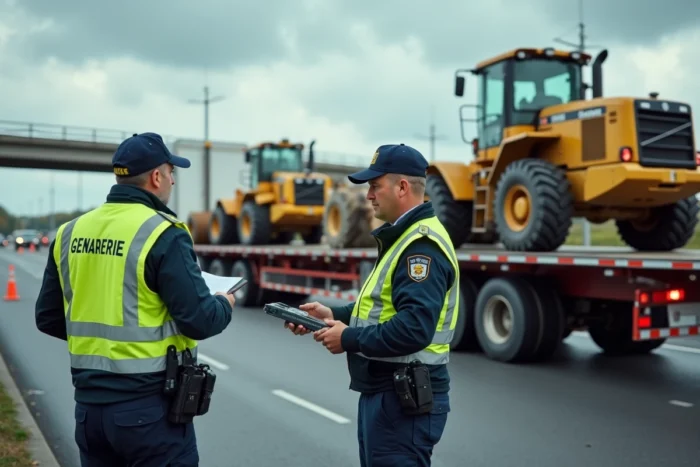 Gendarmes français contrôlant la longueur d'une remorque chargée sur une aire d'autoroute lors d'un contrôle routier