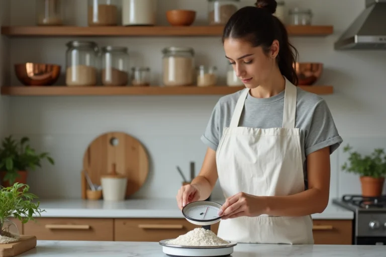 Femme mesurant de la farine en grammes sur une balance numérique de cuisine pour convertir en litres, guide pratique de conversion