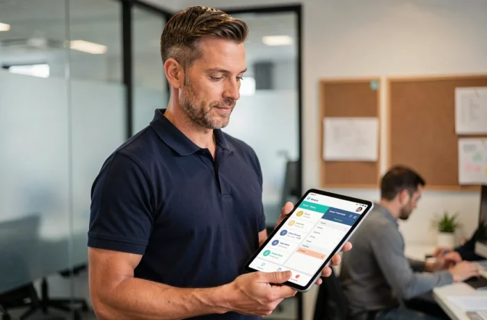 Coordinateur ADMR consultant le logiciel Philia sur une tablette dans un espace de travail partagé moderne