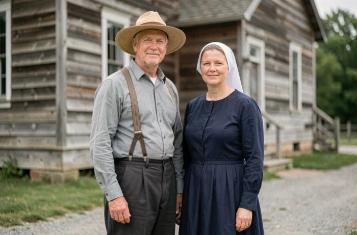 Couple Amish devant une église en bois traditionnelle dans la campagne de Pennsylvanie