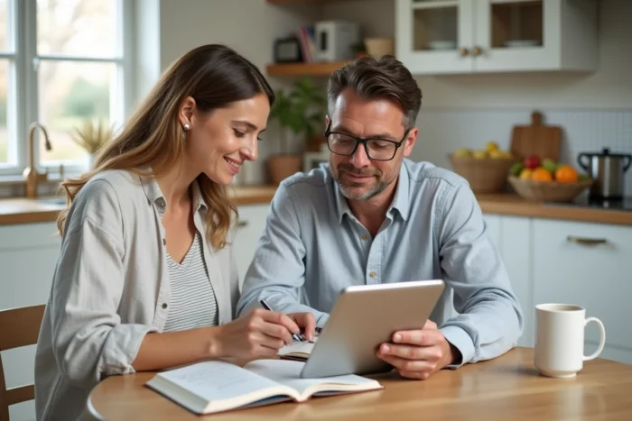 Couple planifiant leur budget familial ensemble autour d'une table de cuisine avec une application de gestion financière sur tablette