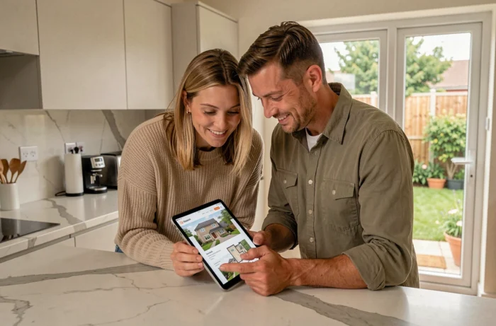Couple consultant une annonce immobilière sur une tablette dans une cuisine moderne