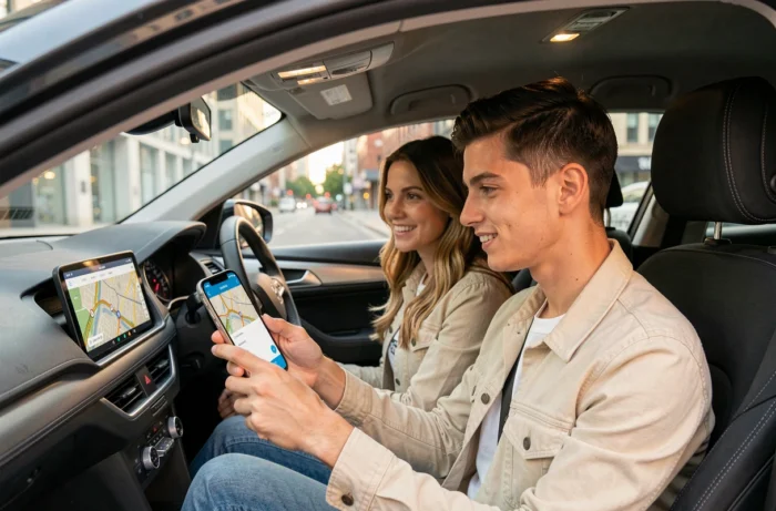 Couple utilisant l'application ViaMichelin pour naviguer en voiture dans une ville avec un itinéraire multi-étapes