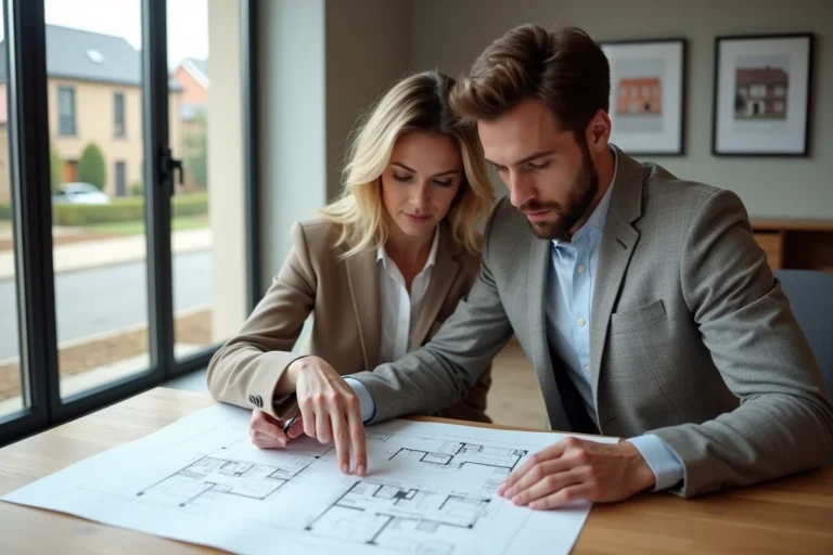 Couple consultant des plans architecturaux dans une agence immobilière pour l'achat d'une maison neuve en France