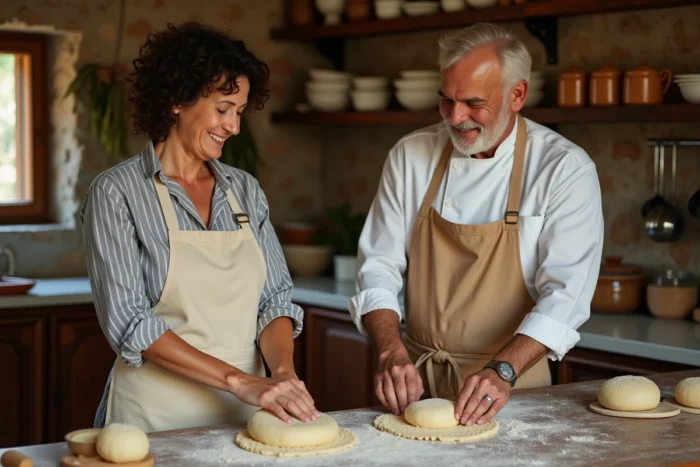 Une voyageuse et un chef local préparent des pâtes fraîches dans une cuisine rustique lors d'un cours de cuisine en immersion