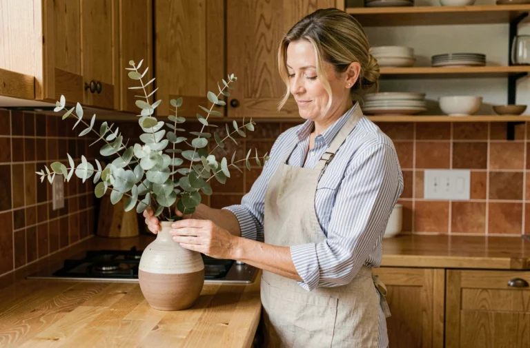 Femme arrangeant des branches d'eucalyptus dans un vase en céramique dans une cuisine en bois chaleureuse, idée de décoration intérieure naturelle