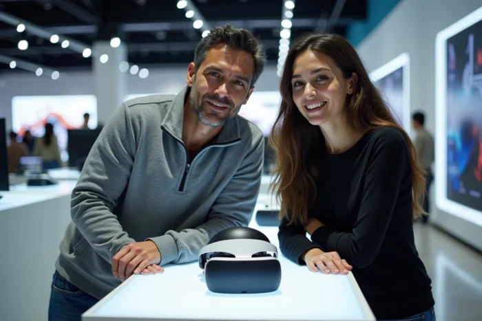 Deux adultes découvrant une console de jeu nouvelle génération et un casque VR dans un magasin de technologie moderne lors d'une démonstration produit