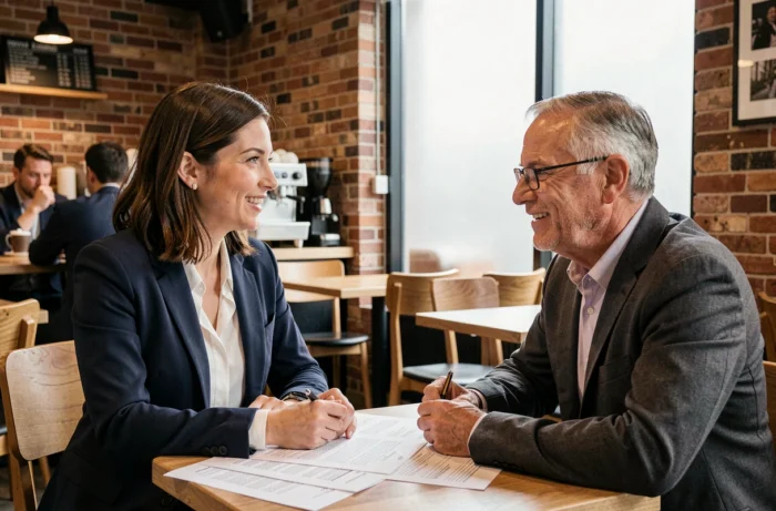 Une femme en entretien informel avec un mentor dans un café pour obtenir des conseils sur sa recherche d'emploi