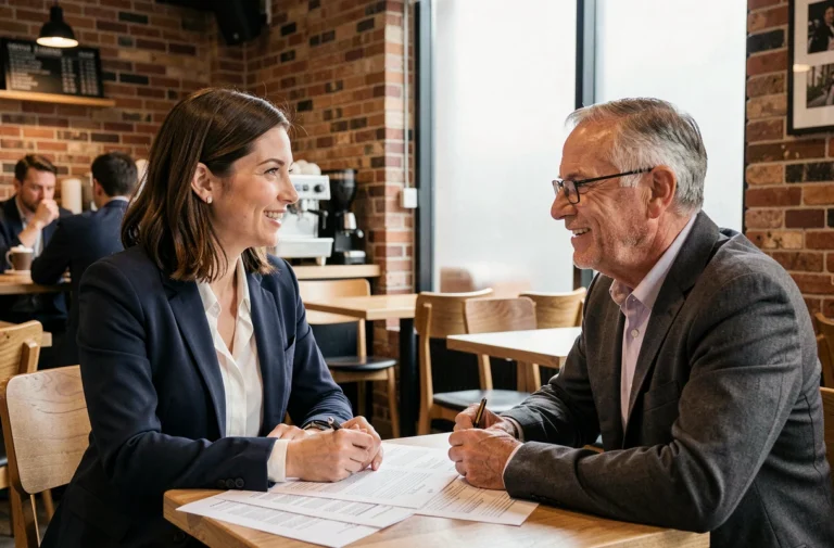 Une femme en entretien informel avec un mentor dans un café pour obtenir des conseils sur sa recherche d'emploi