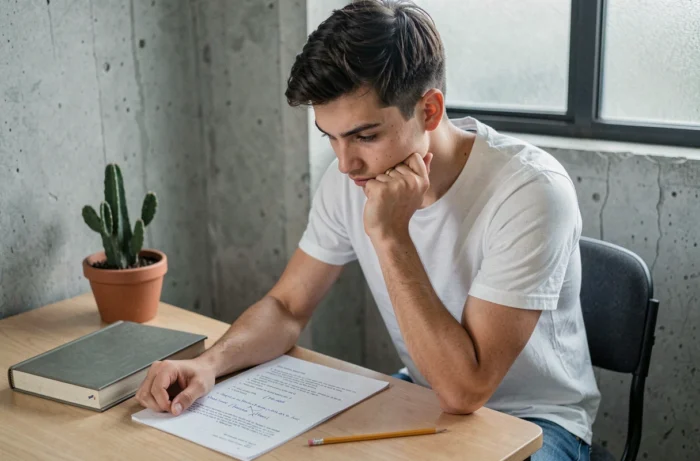 Un étudiant seul face à un problème écrit sur une feuille, incarnant la dévolution du problème à l'apprenant en didactique