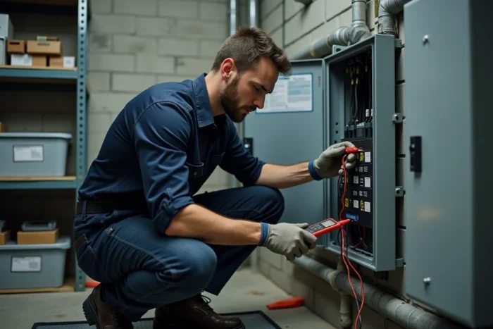 Électricien inspectant un tableau de disjoncteurs avec un multimètre dans une salle technique