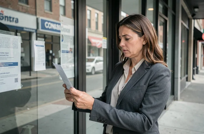 Employée préoccupée lisant un avis de liquidation judiciaire affiché sur la vitrine d'un magasin Zara fermé dans une rue commerciale