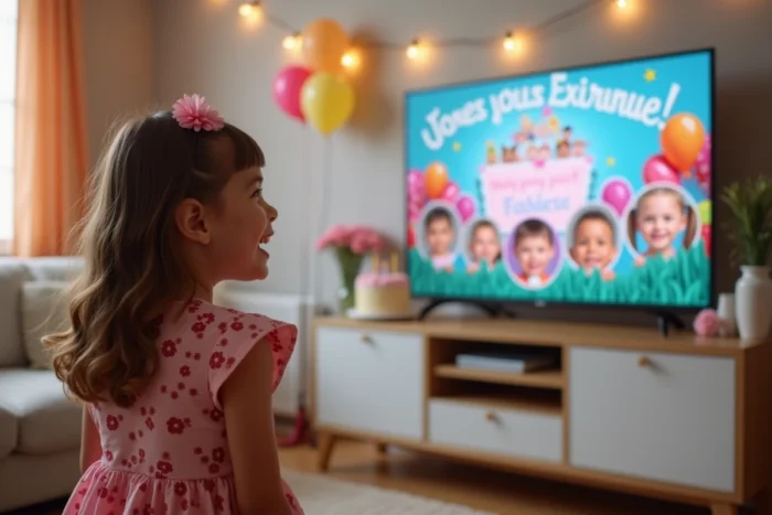 Jeune fille regardant un diaporama d'anniversaire coloré affiché sur un écran dans une salle décorée de ballons