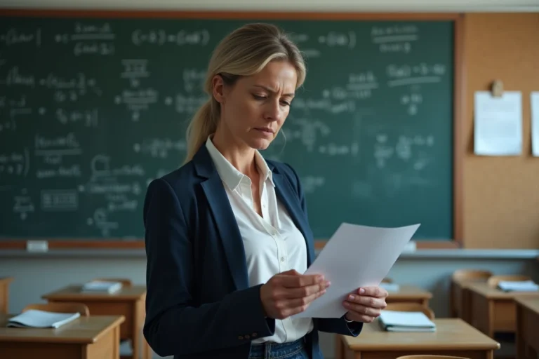 Enseignante dans une salle de classe tenant un document officiel avec une expression préoccupée, illustrant la fin du pacte enseignant en 2026