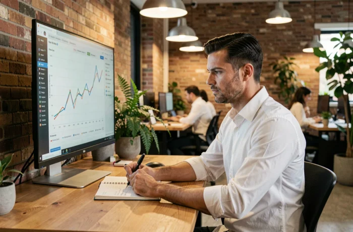 Entrepreneur analysant des graphiques de croissance business sur un écran dans un espace de coworking moderne