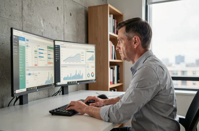 Homme entrepreneur analysant des tableaux de bord business sur double écran dans un bureau épuré, conseils réussite en entreprise 2024