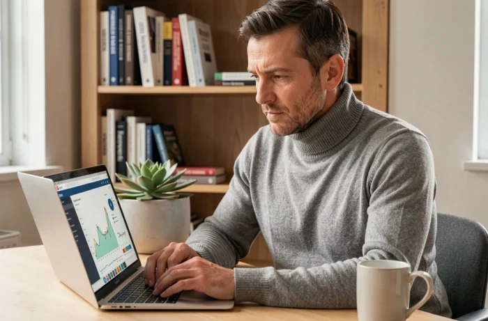 Entrepreneur concentré analysant les nouvelles tendances business depuis son bureau à domicile en 2024