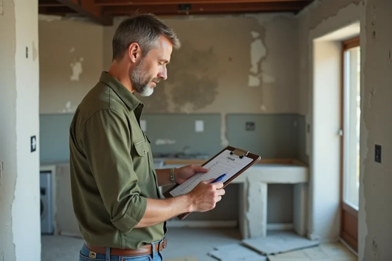 Entrepreneur en bâtiment consultant une check-list de rénovation dans une cuisine en travaux