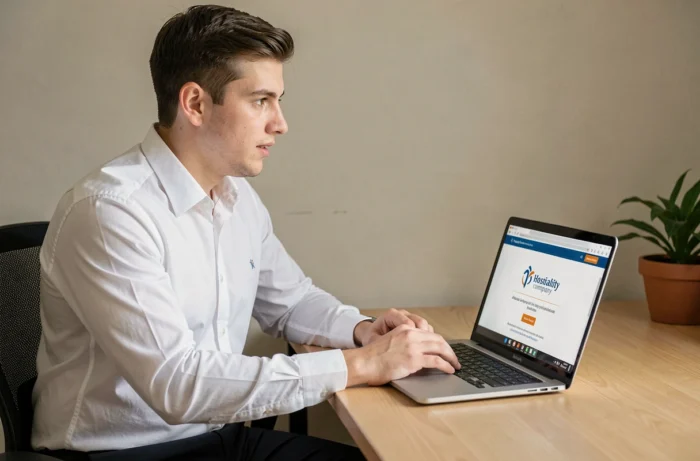 Candidat passant un entretien vidéo en ligne pour un poste dans l'industrie hôtelière via une plateforme de recrutement numérique