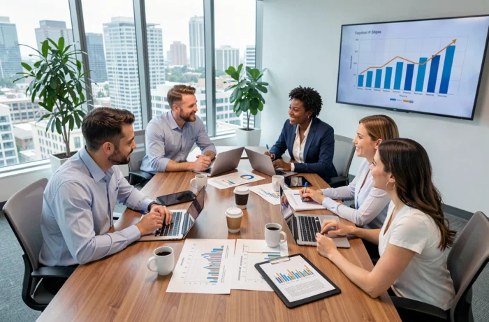 Équipe marketing diversifiée analysant des rapports de performance autour d'une table de réunion moderne
