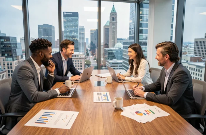 Équipe professionnelle diversifiée en réunion de stratégie autour d'une table de conférence, tendances collaboration en entreprise 2024