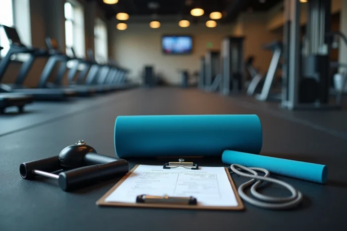 Équipements de fitness pour perdre du ventre posés sur un tapis de salle de sport Basic Fit, dont un rouleau abdominal et une bande de résistance