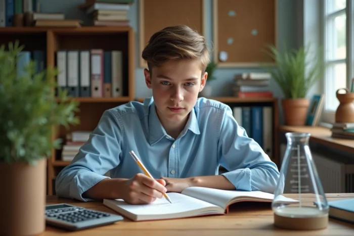 Étudiant révisant la conversion des grammes en litres avec une éprouvette graduée et une calculatrice scientifique sur un bureau d'étude
