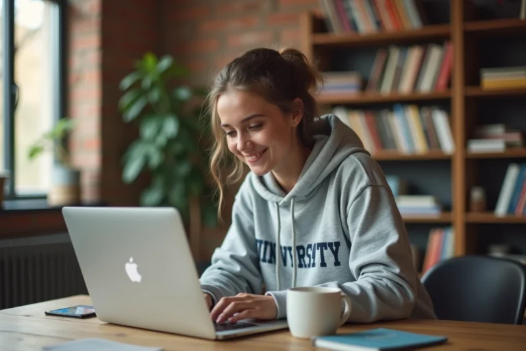 Étudiante utilisant un MacBook Pro avec sa carte étudiante posée sur un bureau en bois, illustrant la réduction Apple étudiant