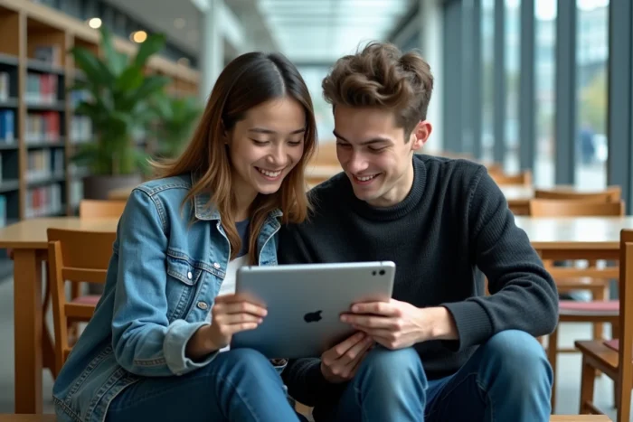 Deux étudiants comparant les offres de la réduction Apple étudiant sur un iPad Pro dans une bibliothèque universitaire