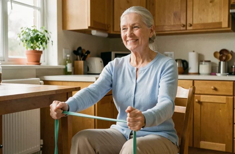 Senior femme faisant des exercices de bien-être avec un élastique dans sa cuisine confortable