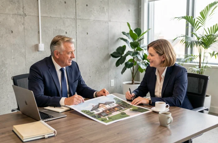 Deux experts immobiliers analysant un rendu architectural 3D de maison de luxe sur mesure lors d'une réunion professionnelle
