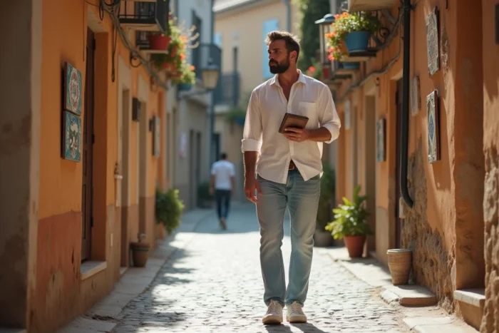 Un voyageur explore à pied une ruelle pavée et colorée d'une ville méditerranéenne inconnue, carnet en main