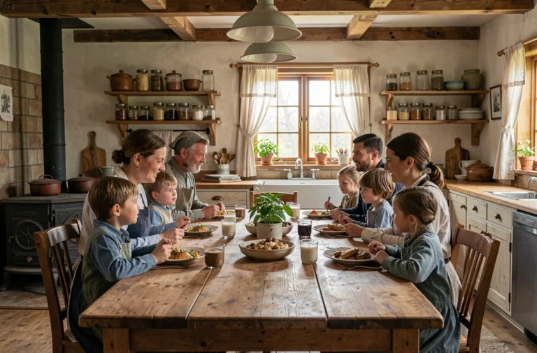 Famille Amish réunie autour d'un repas traditionnel dans une ferme authentique aux murs en bois