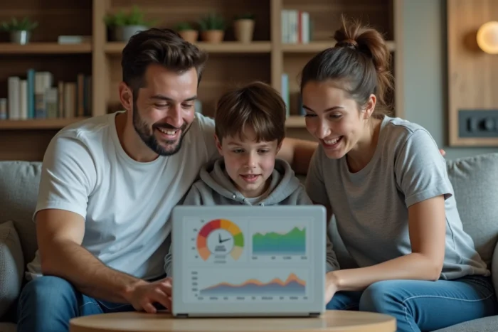 Famille réunie autour d'un ordinateur portable pour analyser leur consommation d'électricité à domicile
