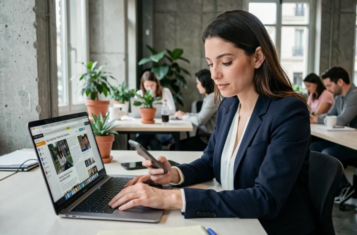Femme professionnelle consultant l'actualité numérique sur ordinateur portable dans un bureau moderne parisien
